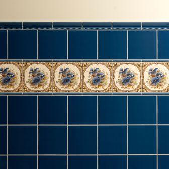 Windsor Blue Hogarth Dado and Windsor Blue Field Tile (above) Windsor Blue Omega Dado and Blue poppies (middle) Windsor Blue Field Tile (below)